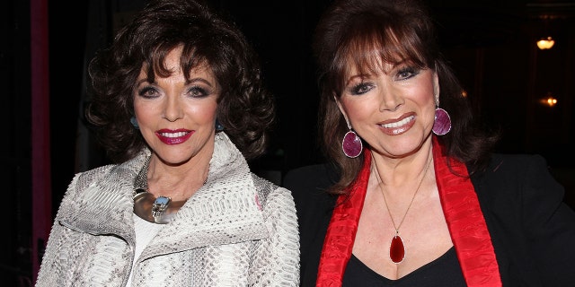 Joan Collins wearing a snakeskin jacket and jackie collins wearing a black and red dress