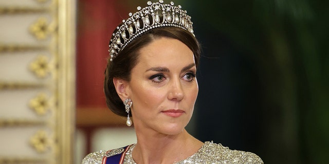 A close-up of Kate Middleton wearing a tiara