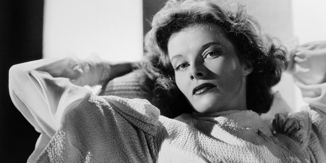 A close-up of Katharine Hepburn in a black and white glamour shot