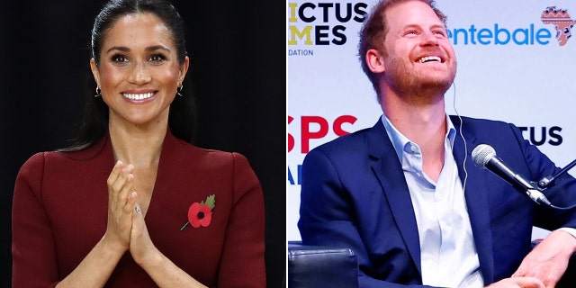 A side-by-side split photo of Meghan Markle and Prince Harry both smiling