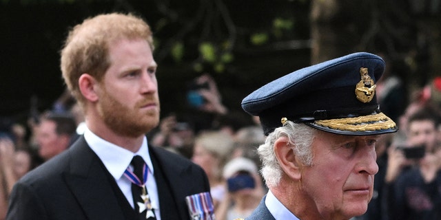 A close-up of a somber King Charles in his military uniform marching in front of Prince Harry wearing a suit with medals