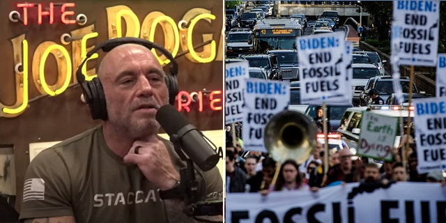 Joe Rogan and End Fossil Fuels protest signs