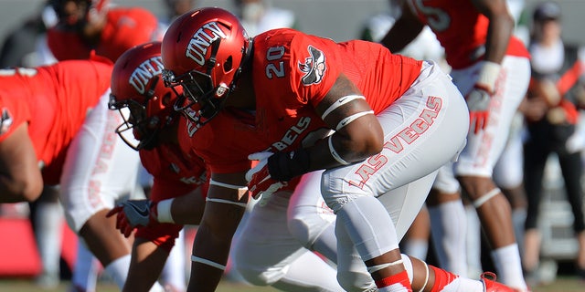 Jameer Outsey lines up during an UNLV game