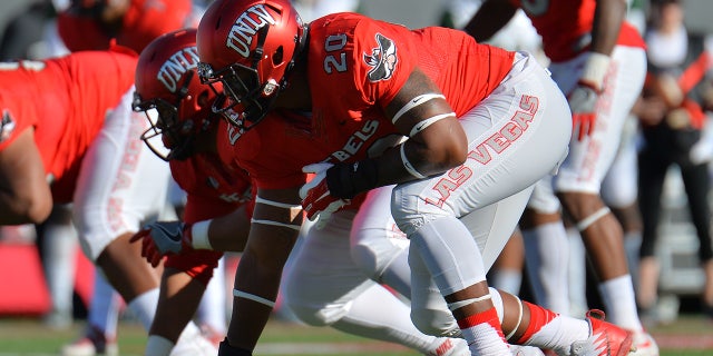 Jameer Outsey lines up during an UNLV game