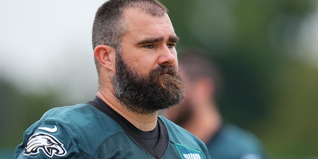 Jason Kelce looks on during training camp