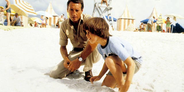 Roy Scheider and Marc Gilpin on the beach in "Jaws 2"