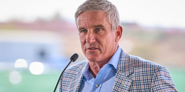 PGA Tour commissioner Jay Monahan addresses the crowd