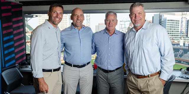 Jeff Francoeur, John Smoltz, Tom Glavine, and Chipper Jones in the Braves broadcasting booth