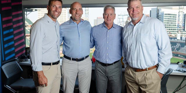 Jeff Francoeur, John Smoltz, Tom Glavine, and Chipper Jones in the Braves broadcasting booth