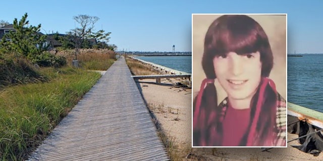 Karen Vergata wearing pigtails on front of a view of shoreline.