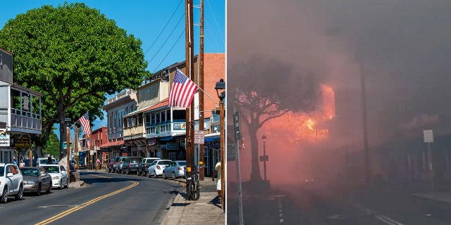 Split photo of before and after the wildfire destruction in Hawaii.