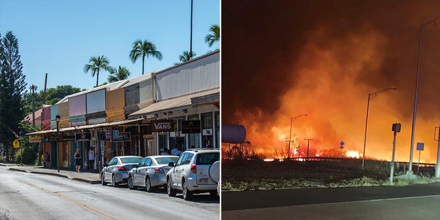 Split photo of before and after the wildfire destruction in Hawaii.
