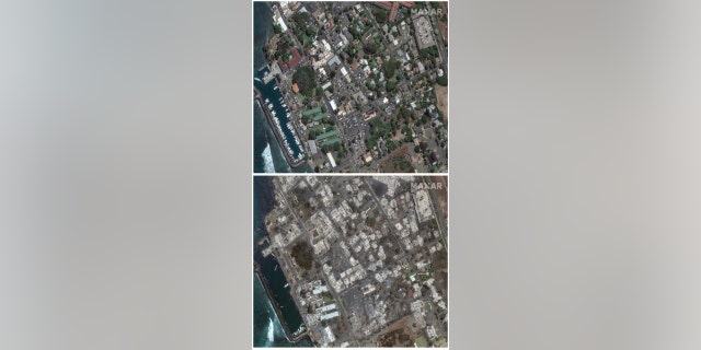 Las imágenes satelitales proporcionadas por Maxar Technologies muestran una descripción general de Banyan Court en Lahaina