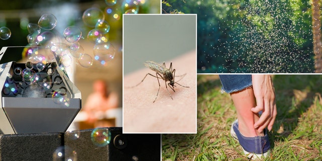 Left: Bubble machine in use. Middle: Mosquito on skin. Top right: Swarm of mosquitoes. Bottom right: Person scratches itchy ankle.