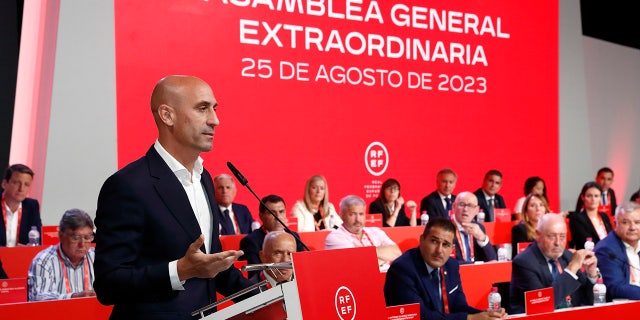 Luis Rubiales speaks to the crowd