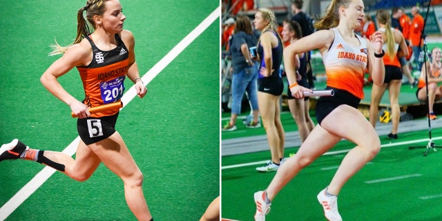 left-right split of track athletes carrying batons in relay races