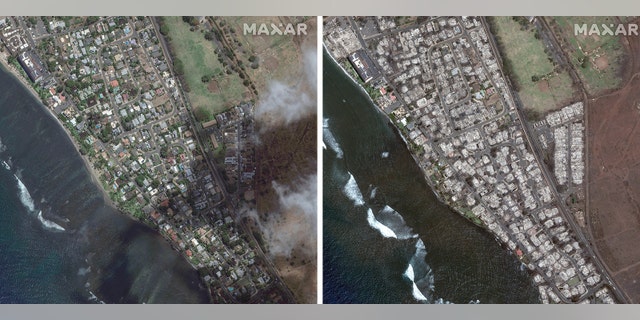 Before and after of southern Lahaina following wildfires