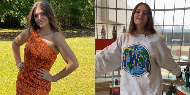 Split photo of Megan Ebenroth in an orange dress outside and in a WWJD sweatshirt with a globe inside