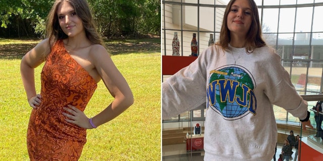 Split photo of Megan Ebenroth in an orange dress outside and in a WWJD sweatshirt with a globe inside