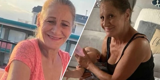 Missing Norma Yates pictured in a pink dress on left side of a split image, feeding grandchild with a bottle on right