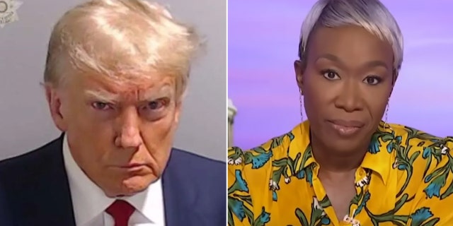 Joy Reid next to Trumps mugshot