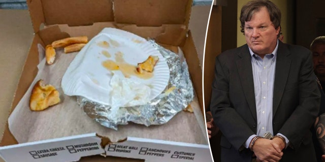 Image on left shows pizza box with partly eaten crust inside, right shows suspected serial killer Rex heuermann entering court wearing handcuffs, slacks, a buttondown shirt and a blazer