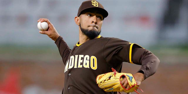 Robert Suarez pitches during a game