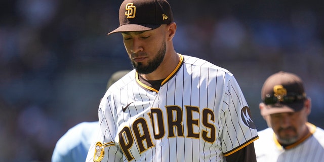 Robert Suarez looks down on field