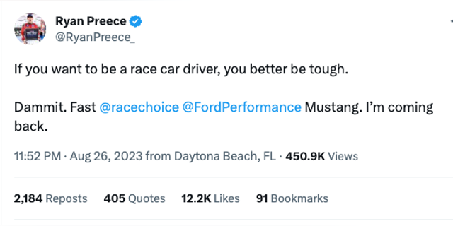 Ryan Preece'nin tweet'i