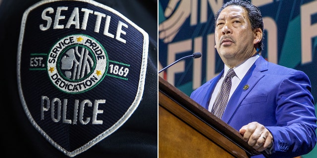 Seattle Police Department logo and Seattle Mayor Bruce Harrell at podium in royal blue suit