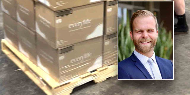 Picture of diapers on a crate prepared for shipping with an inset of a picture of Michael Seifert