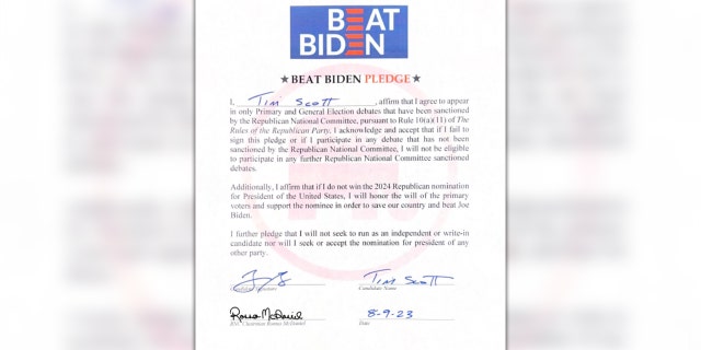 Tim Scott's signature on 'Beat Biden' pledge