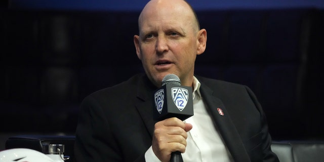 Stanford Cardinal coach Troy Taylor speaks during an event