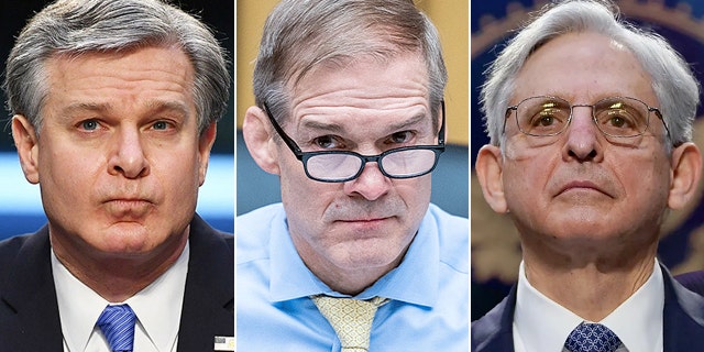 FBI Director Christopher Wray, Rep. Jim Jordan and Attorney General Merrick Garland all making serious faces