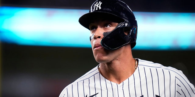 Aaron Judge reacts after flying out