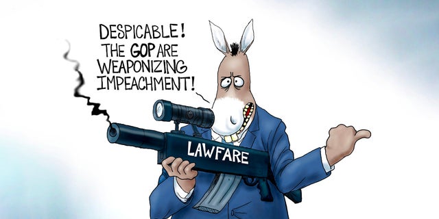 Political cartoon of donkey holding gun labeled 'lawfare'