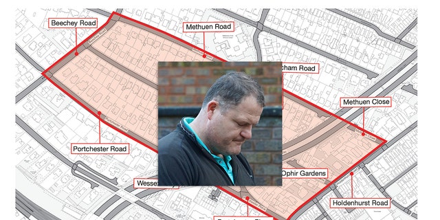 inset photo of praying man, larger image area map showing abortion clinic buffer zone