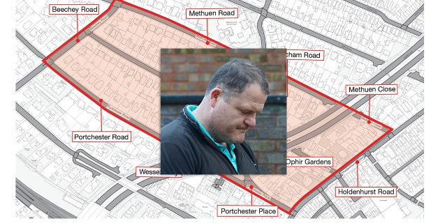 inset photo of praying man, larger image area map showing abortion clinic buffer zone