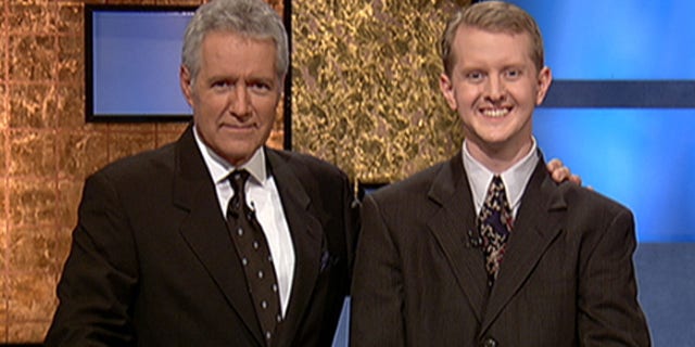 A photo of Alex Trebek and Ken Jennings