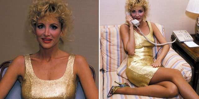 Arleen Sorkin chats on the phone wearing gold dress