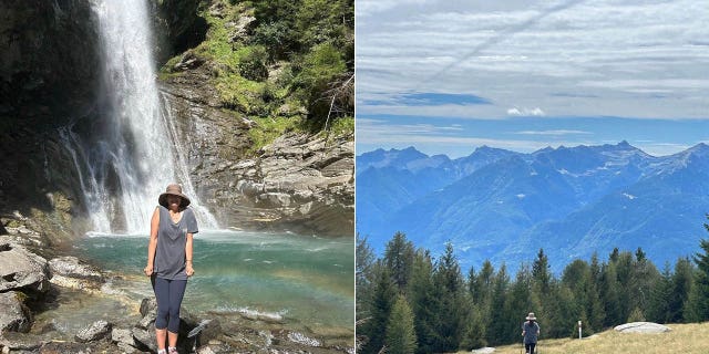 ashley judd under waterfall ashley judd hiking with trekking poles