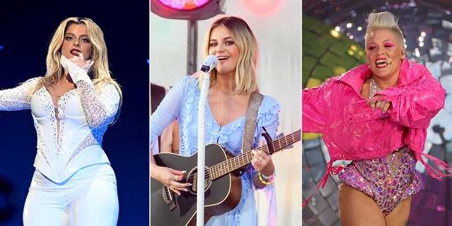 Bebe Rexha in a white set performs on stage split Kelsea Ballerini in a light blue dress plays guitar on stage split Pink in a hot pink jacket performs on stage