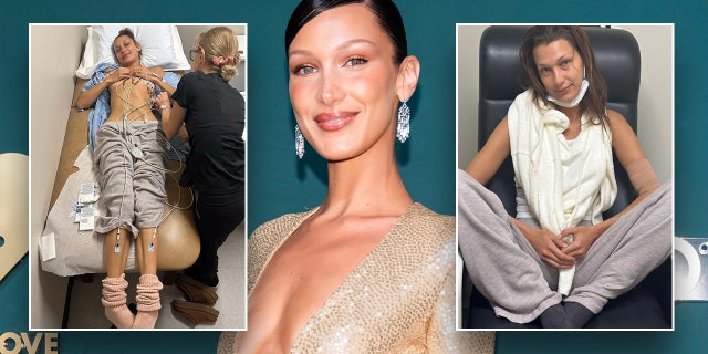 Bella Hadid on the red carpet in a gold plunging dress with two pictures on opposite sides, showing her hooked up to wires covering her bare chest and sitting in a medical chair with a bandage around her arm