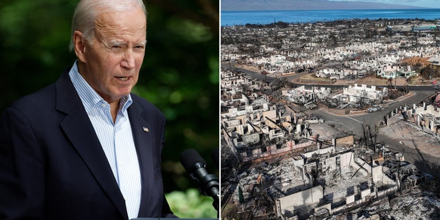 president biden alongside landscape view of maui devastated by wildfires