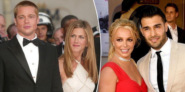 side by side photos - brad pitt with jennifer aniston and britney spears with sam asghari