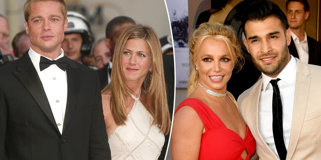 side by side photos - brad pitt with jennifer aniston and britney spears with sam asghari