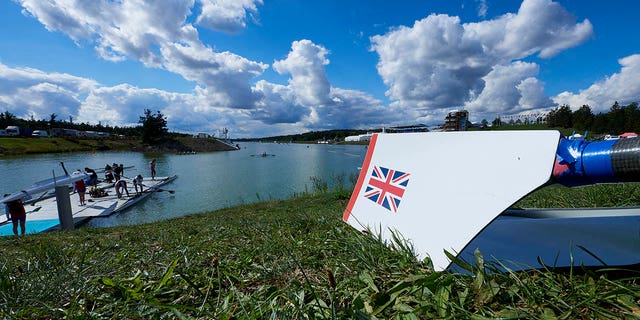 A rowing oar with the national flag of the United Kingdom