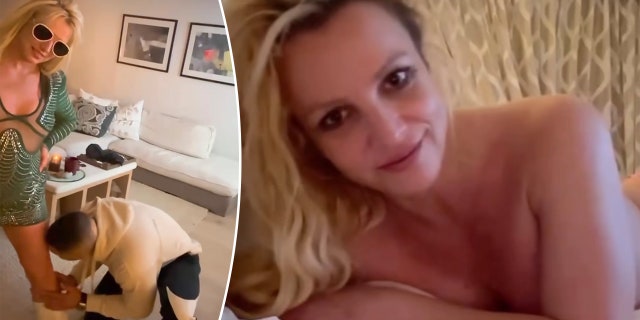 Britney Spears in a green dress poses with her hands on her hips as a man in a tan sweatshirt pretends to lick her leg split Britney Spears topless in her sheets soft smiling