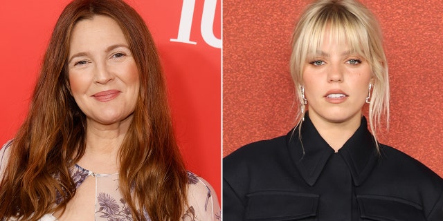 Drew Barrymore in a printed dress soft smiles on the carpet split Reneé Rapp in a black button down looks serious on the carpet