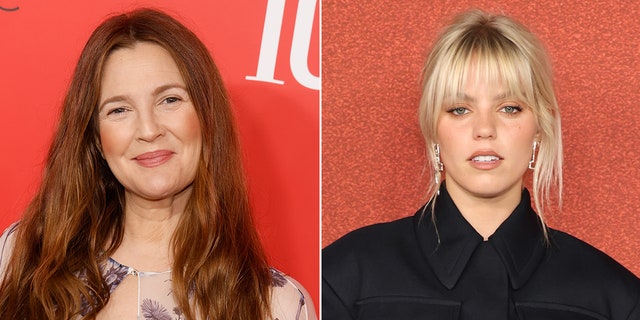 Drew Barrymore in a printed dress soft smiles on the carpet split Reneé Rapp in a black button down looks serious on the carpet